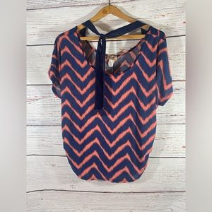 Lavish Plus Blouse Shirt Womens 1X  Blue Pink Chevron Tie Around Neck Summer